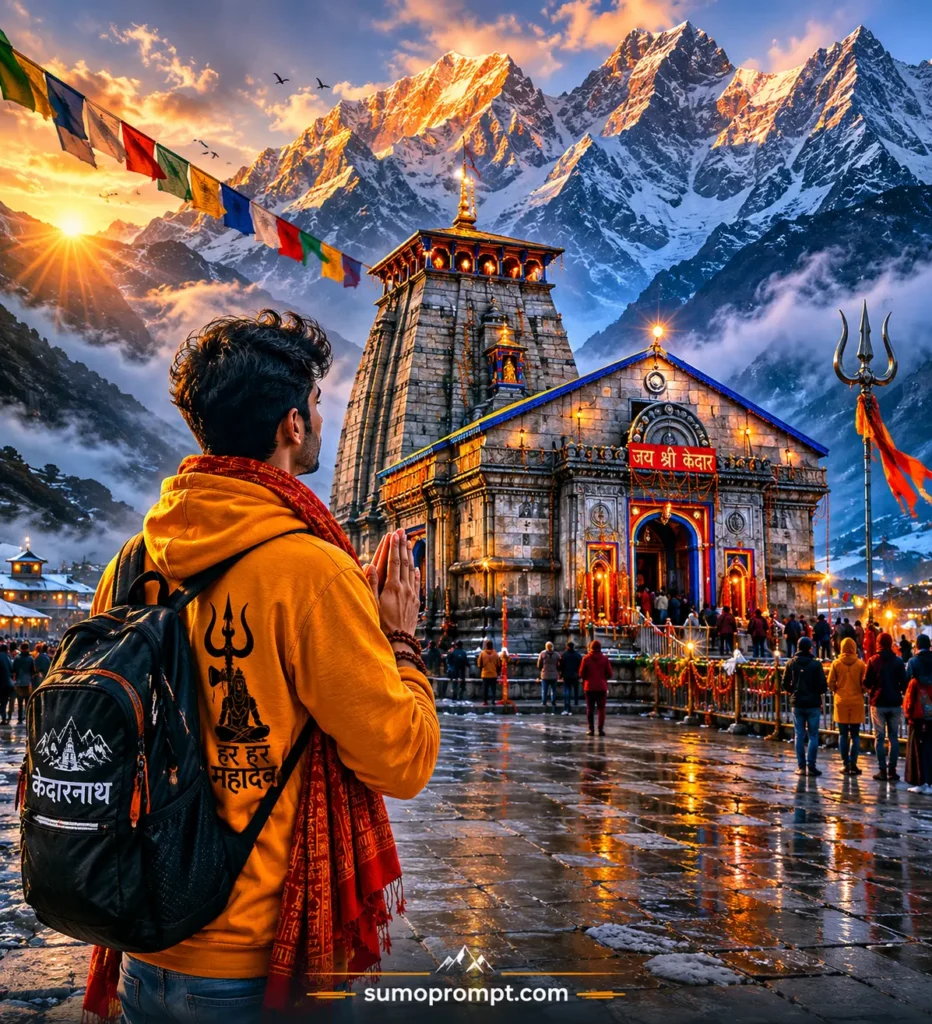 Devotee Standing Before Kedarnath Temple