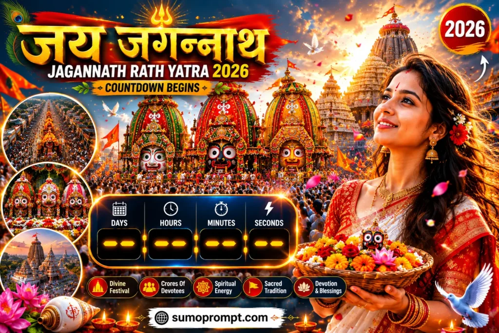 Jagannath Rath Yatra 2026 Countdown devotional poster with Lord Jagannath chariot festival celebration