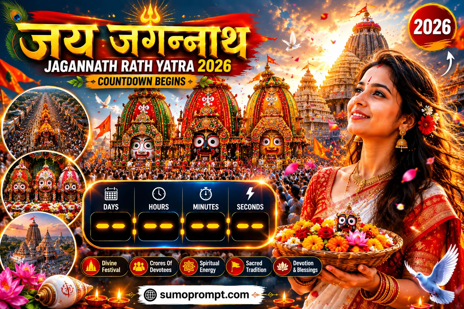 Jagannath Rath Yatra 2026 Countdown devotional poster with Lord Jagannath chariot festival celebration